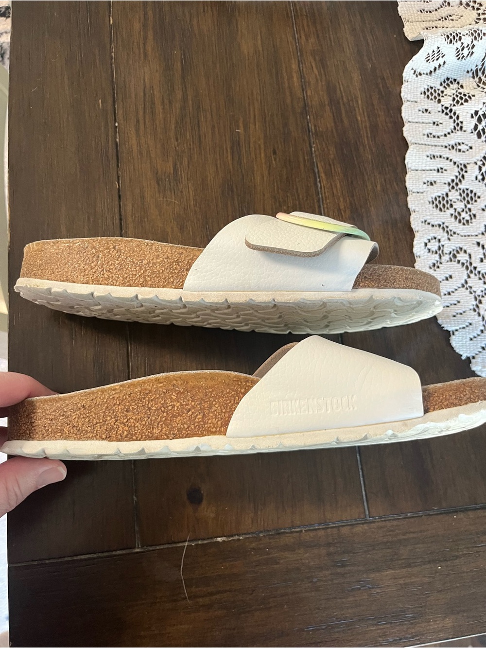 Birkenstock White Slide Sandals with Pastel Ombre Buckles 7-7.5 - Picture 3 of 10